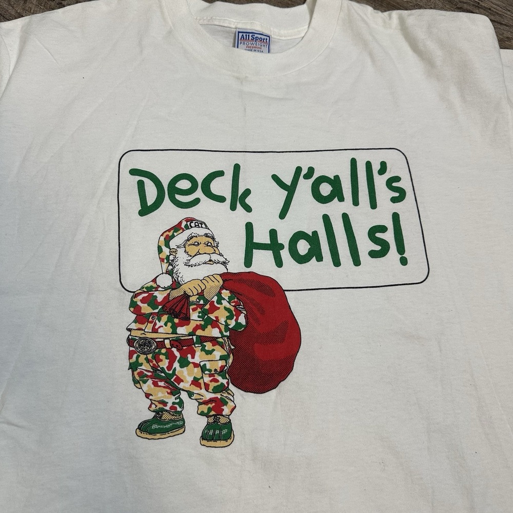 Vtg 90s Deck Y'all's Halls Santa Claus Christmas Single Stitch T-Shirt USA XL